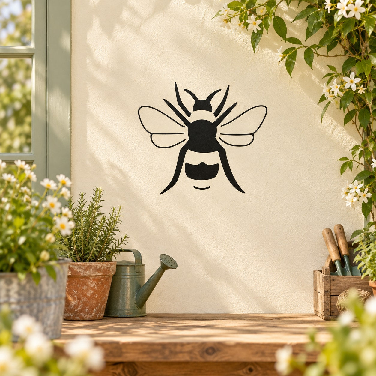 Bee decal wall sticker with suspended black bee silhouette, wings and stripes