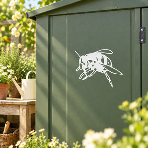 Harvesting bee decal, white line-art bee on dark green surface