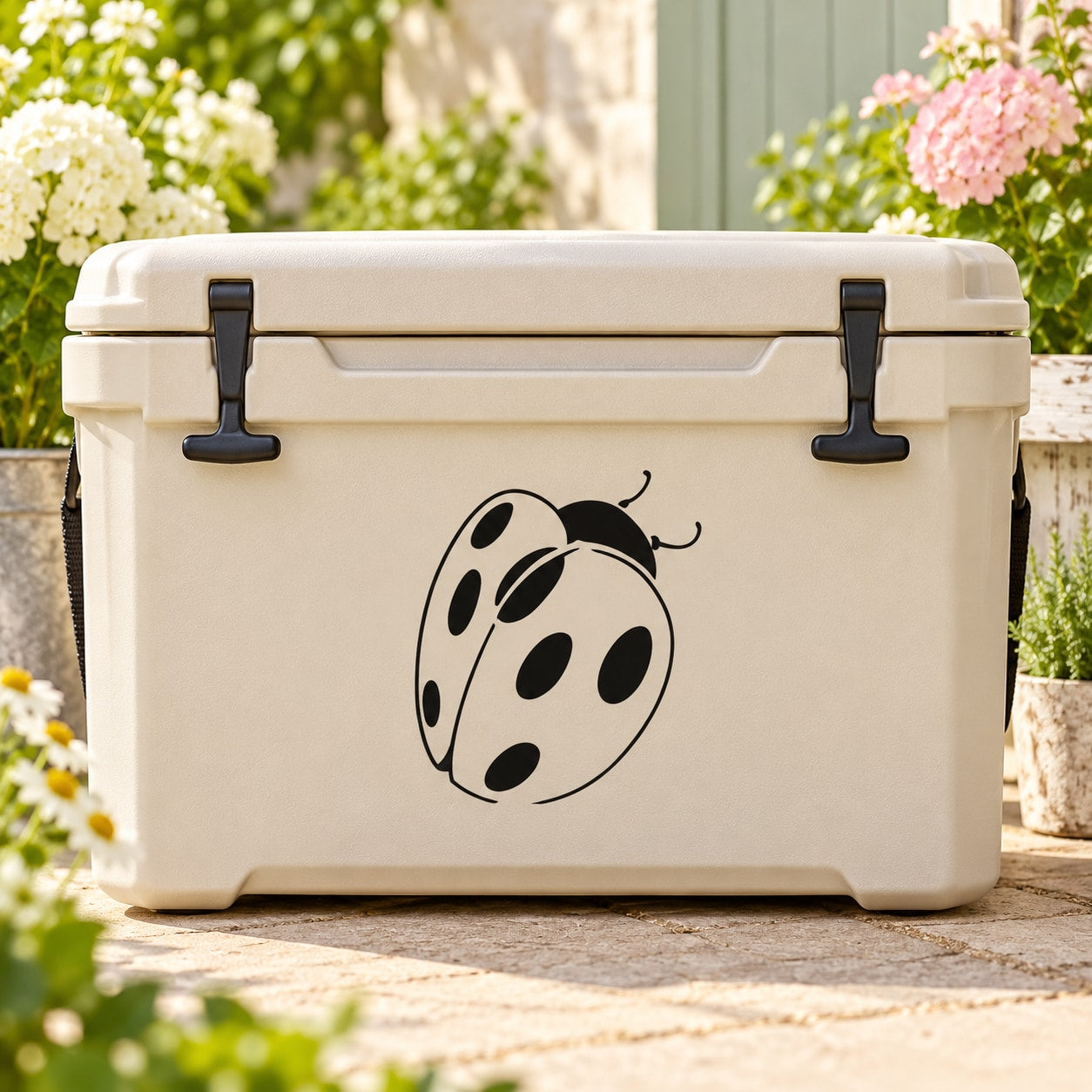 Curled-up ladybug decal sticker on a cream storage cooler