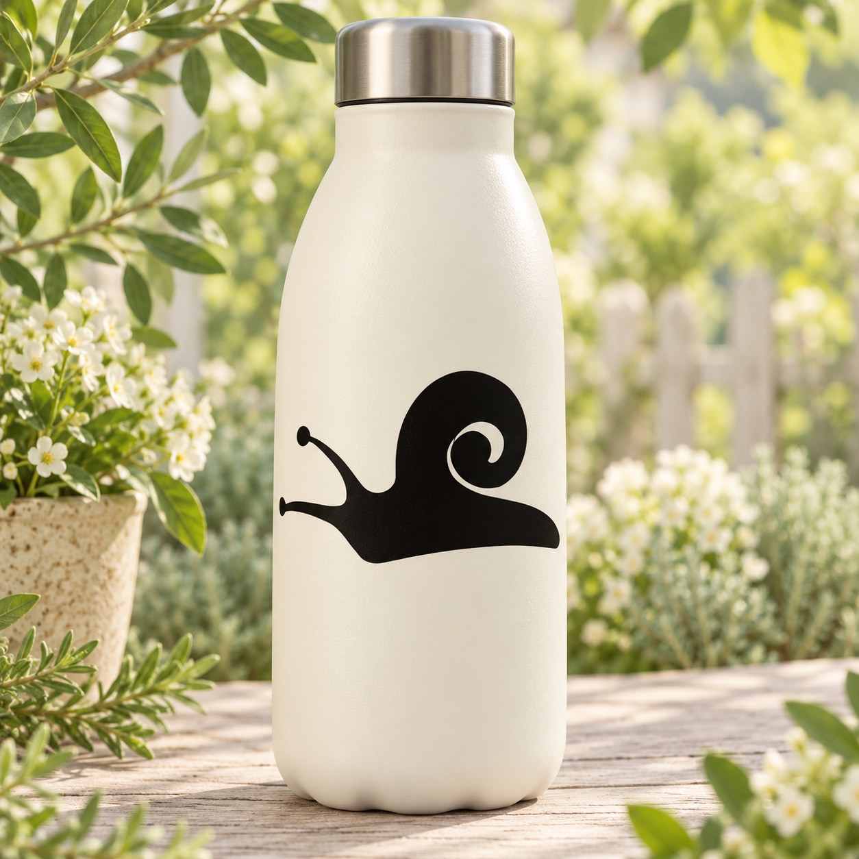 Snail sliding decal with black snail design on a white bottle