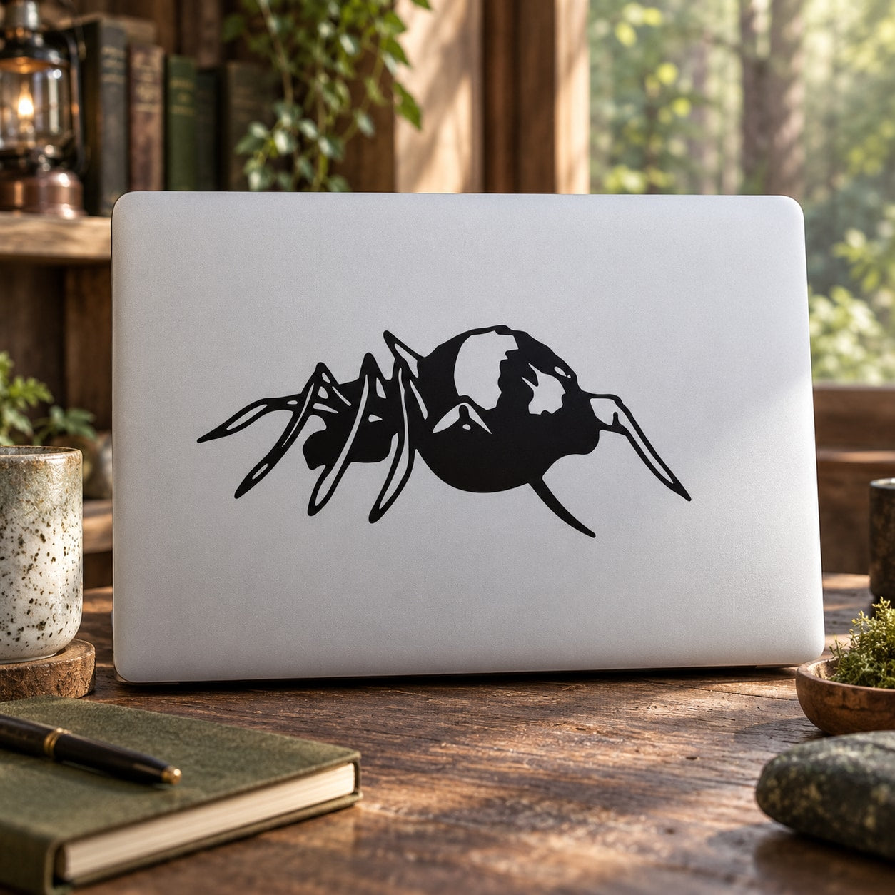 Black crawling spider decal on a laptop lid