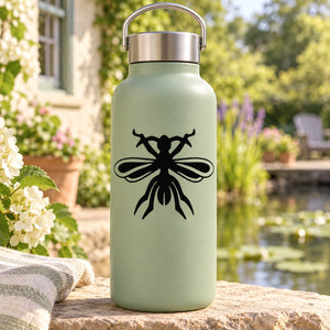 Light green water bottle with black bug wings decal sticker on front