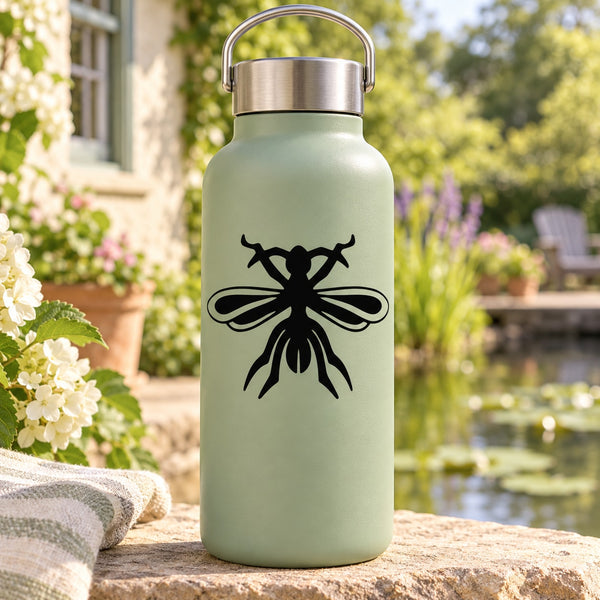 Light green water bottle with black bug wings decal sticker on front