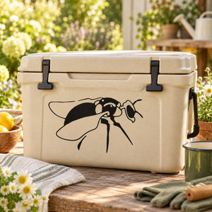 Bee decal with black hovering bee graphic on light cream container