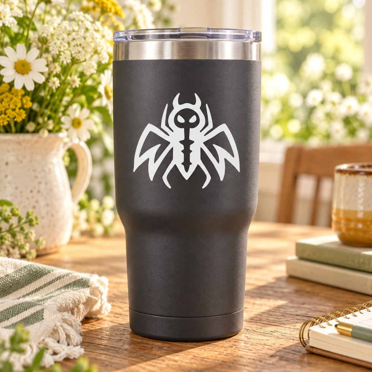 Abstract bee decal sticker: white bee-and-wings outline on dark tumbler