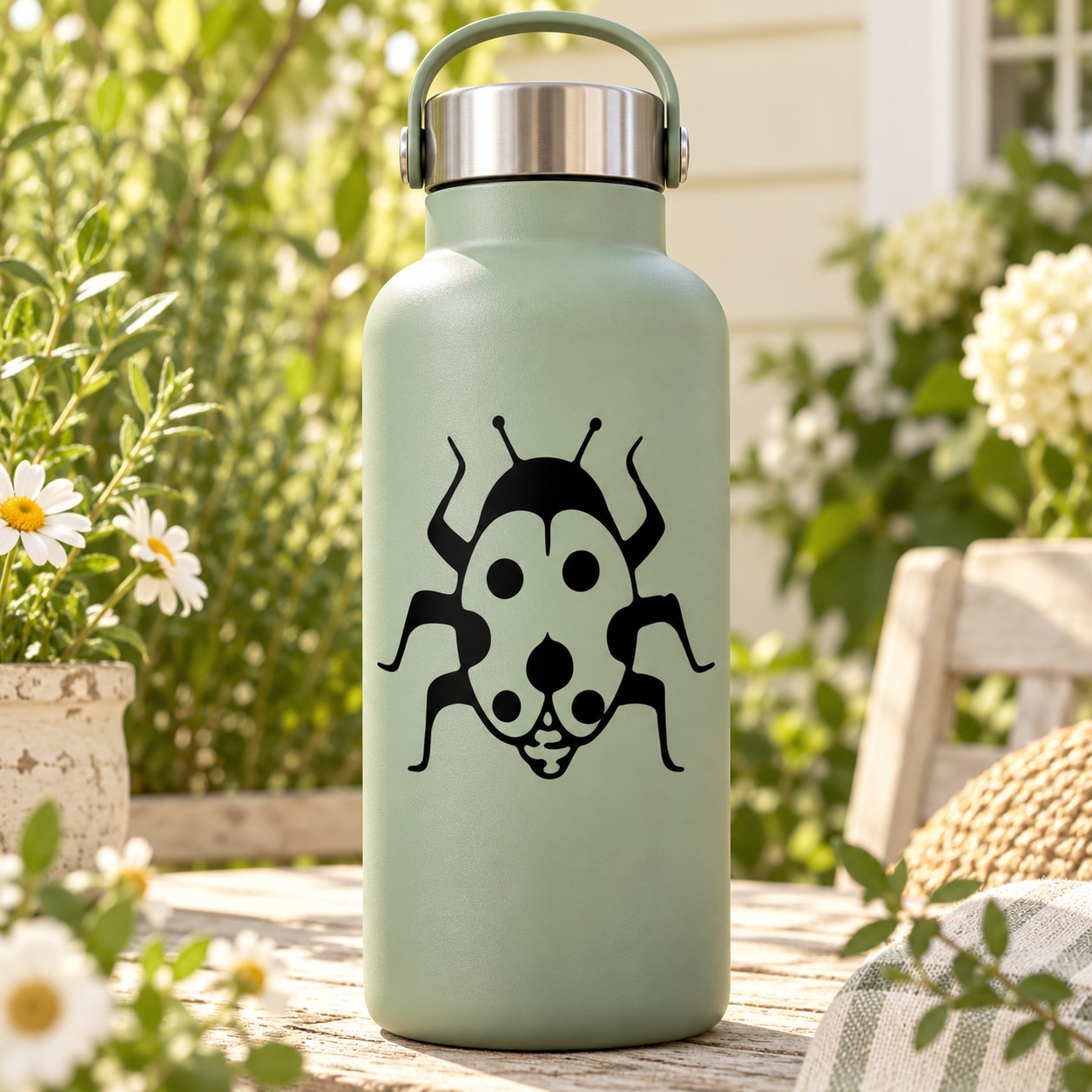 Mint water bottle with black scuttling ladybug decal and metal carry handle