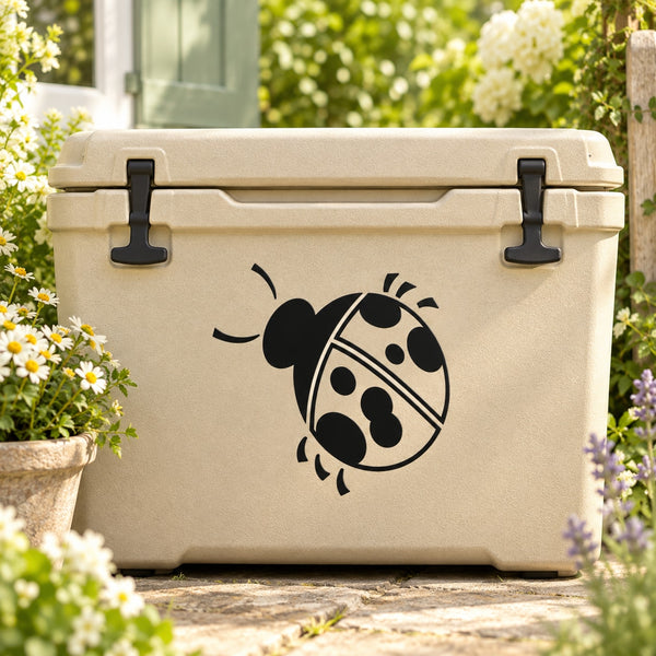 Friendly ladybug decal: black-and-white ladybug with spots, shown on beige cooler