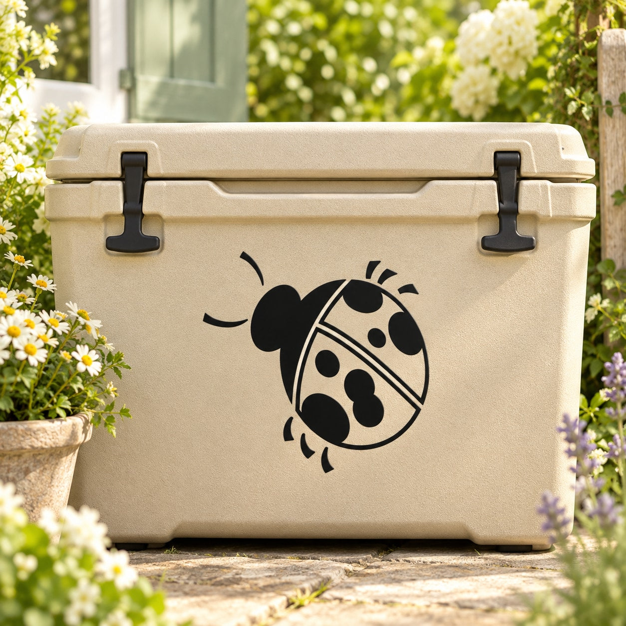 Friendly ladybug decal: black-and-white ladybug with spots, shown on beige cooler
