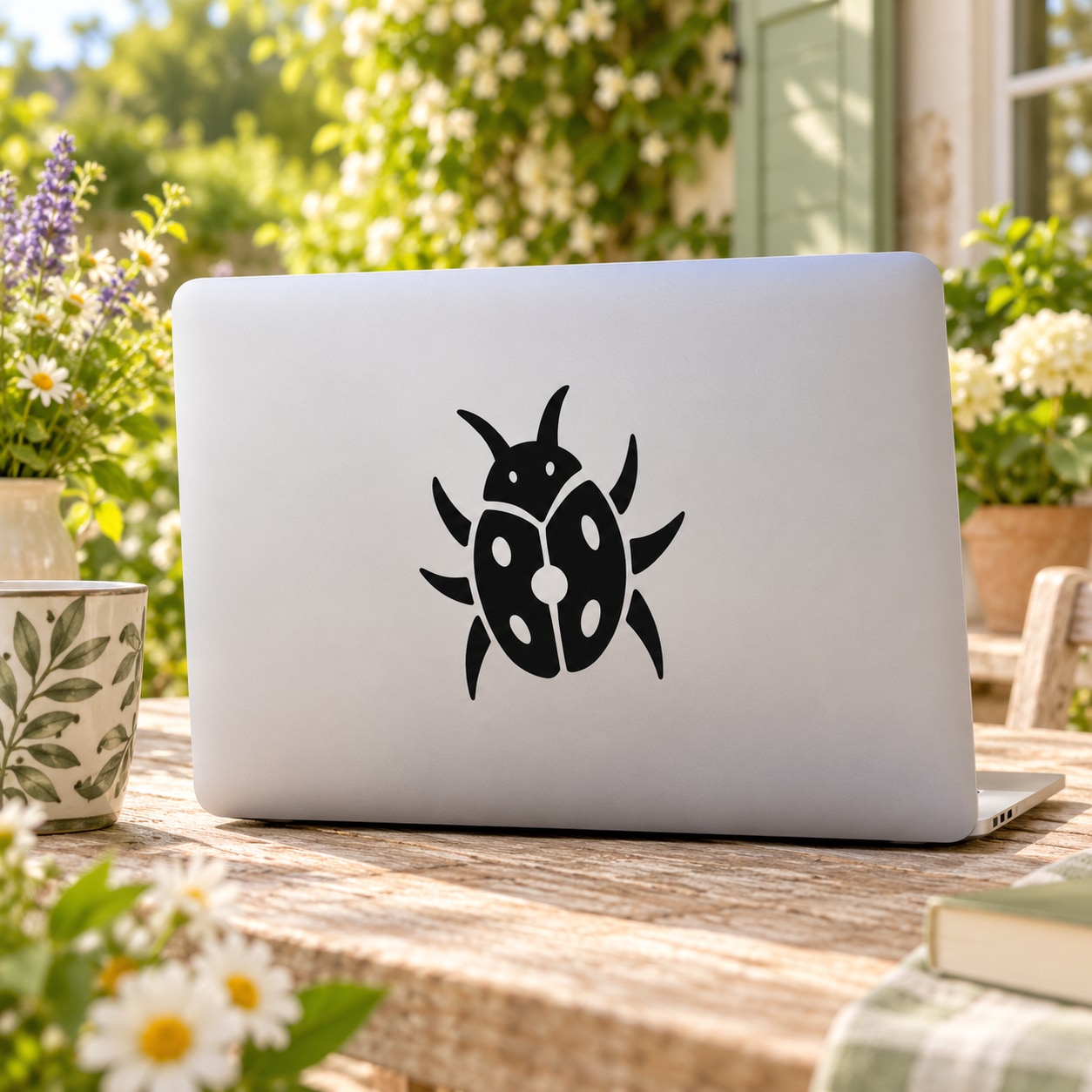 Black ladybug decal on a light-colored laptop lid, centered design