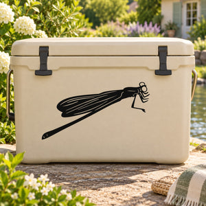 Dragonfly decal on light beige cooler with black dragonfly illustration