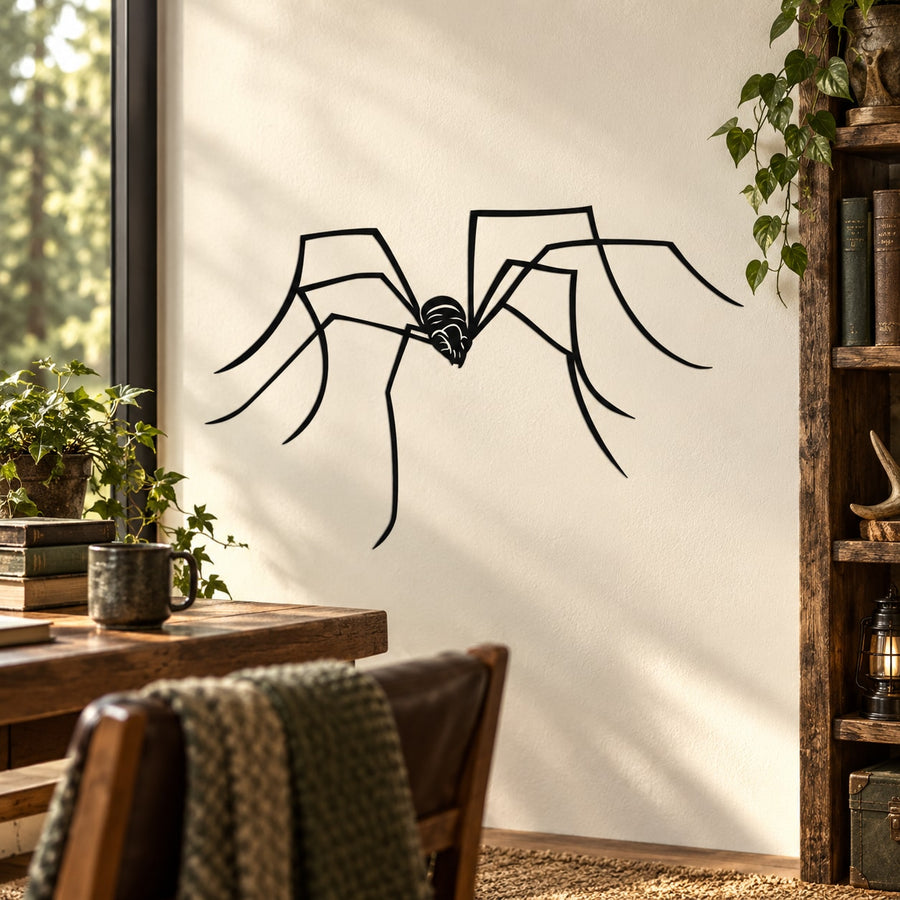 Black spider wall decal with long legs and outlined body