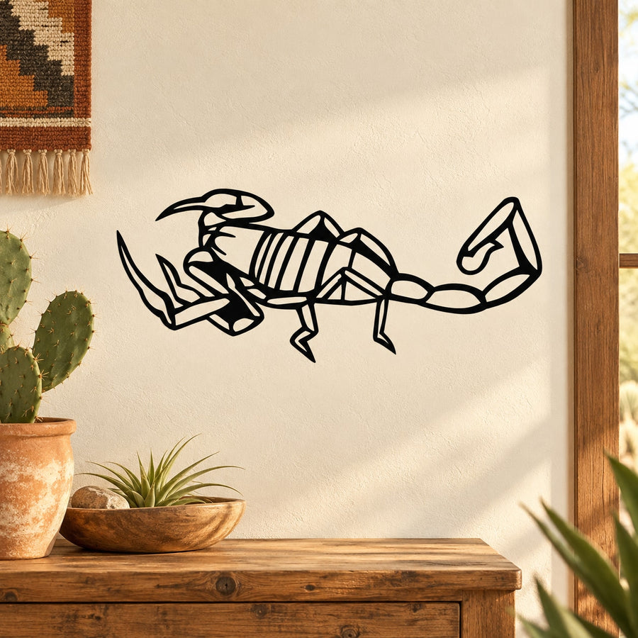 Crawling scorpion wall decal in black line art, outline sticker design