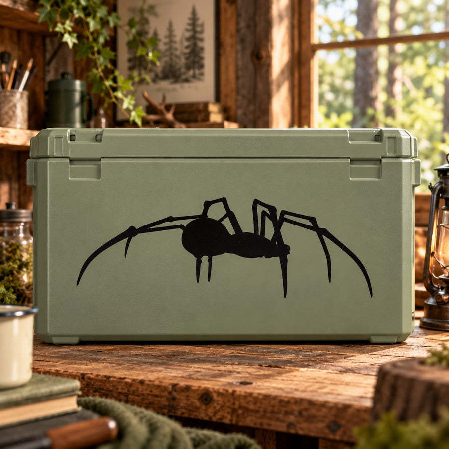 Crawling spider decal with black silhouette on dark green background