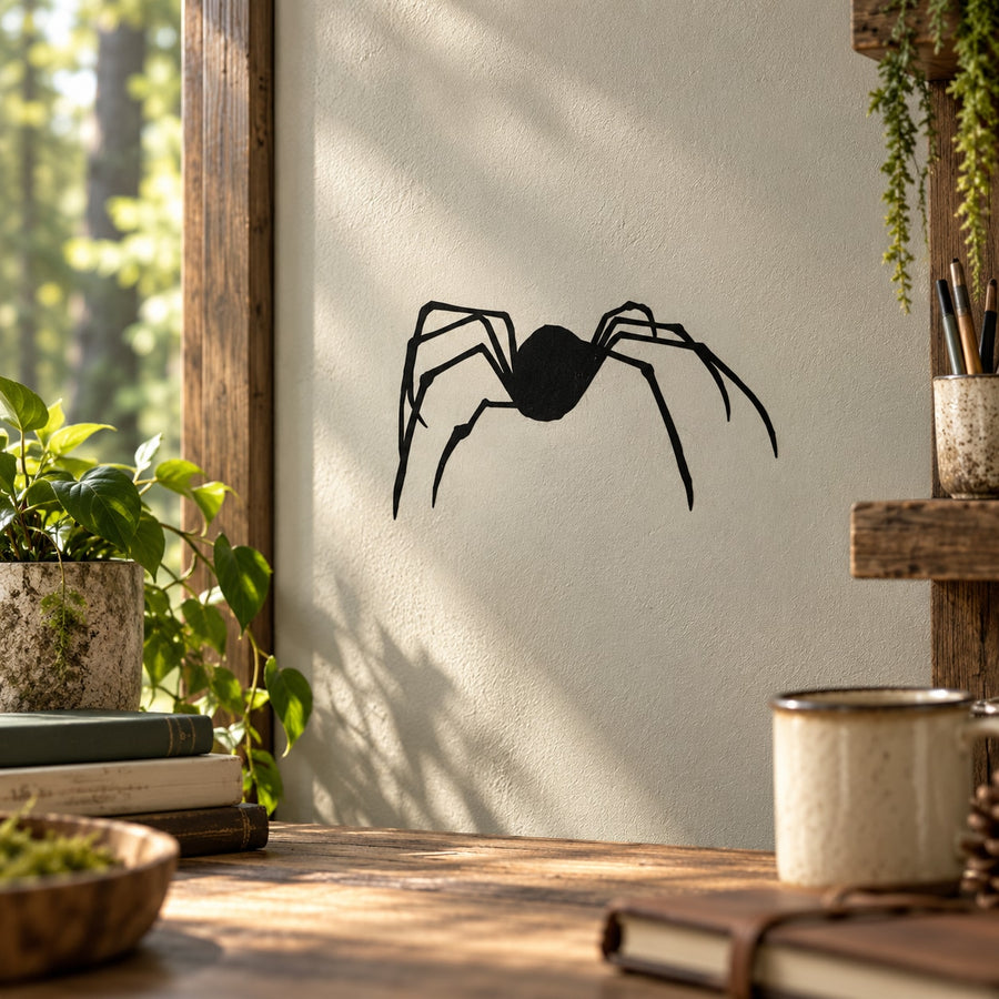 Black spider wall decal with angled legs and curved fangs