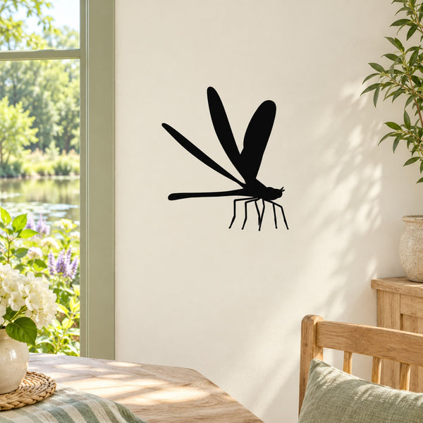 Black flying dragonfly wall decal with spread wings