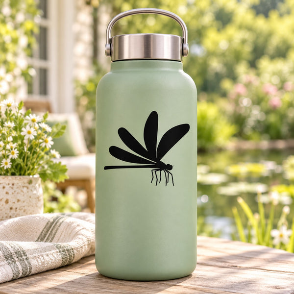 Matte green bottle with a black dragonfly landing decal on the front