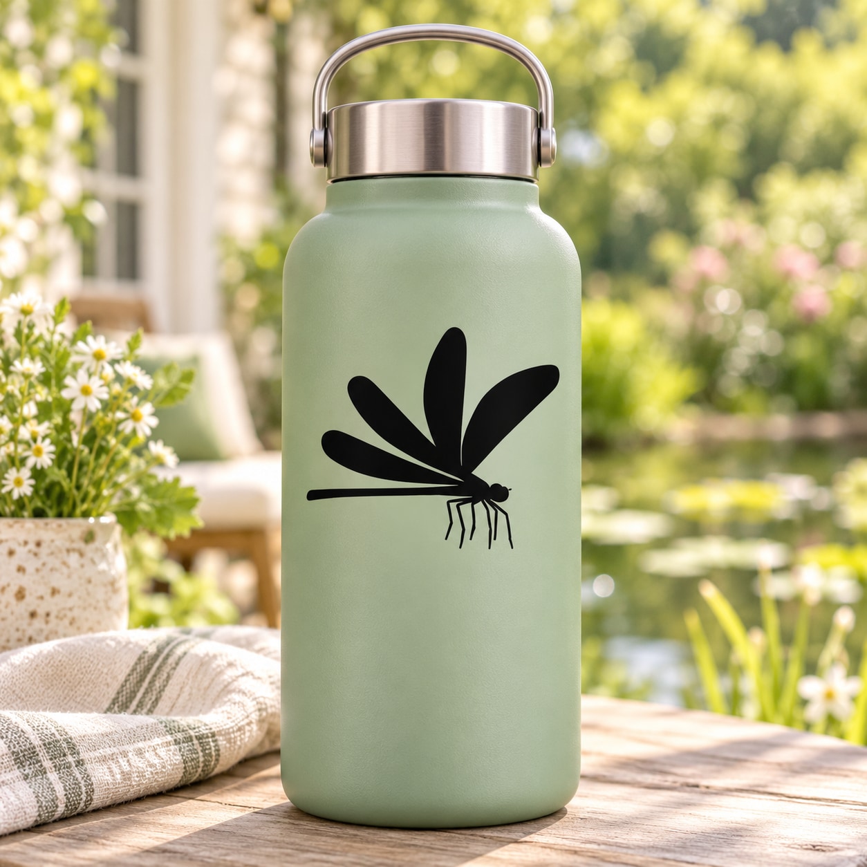 Matte green bottle with a black dragonfly landing decal on the front