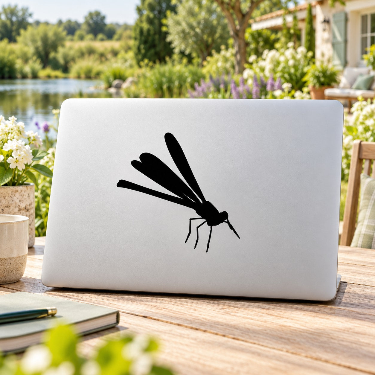 Dragonfly decal sticker with black insect design on white laptop lid