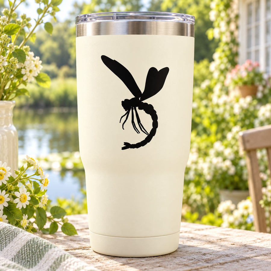 Dragonfly egg-laying decal, black insect graphic on white tumbler