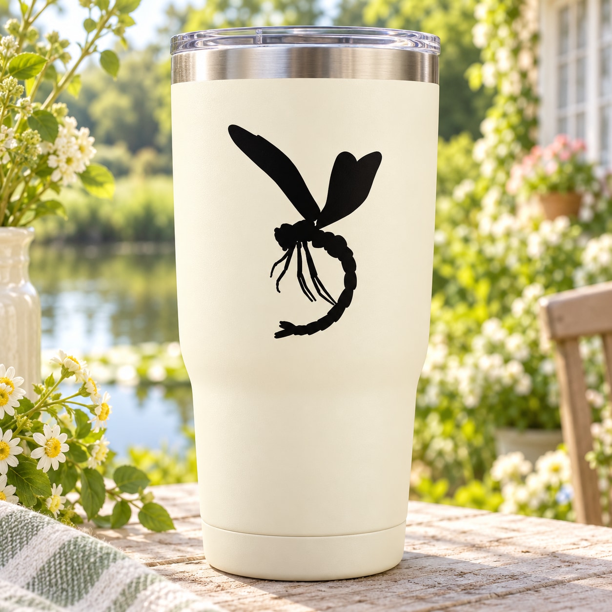 Dragonfly egg-laying decal, black insect graphic on white tumbler