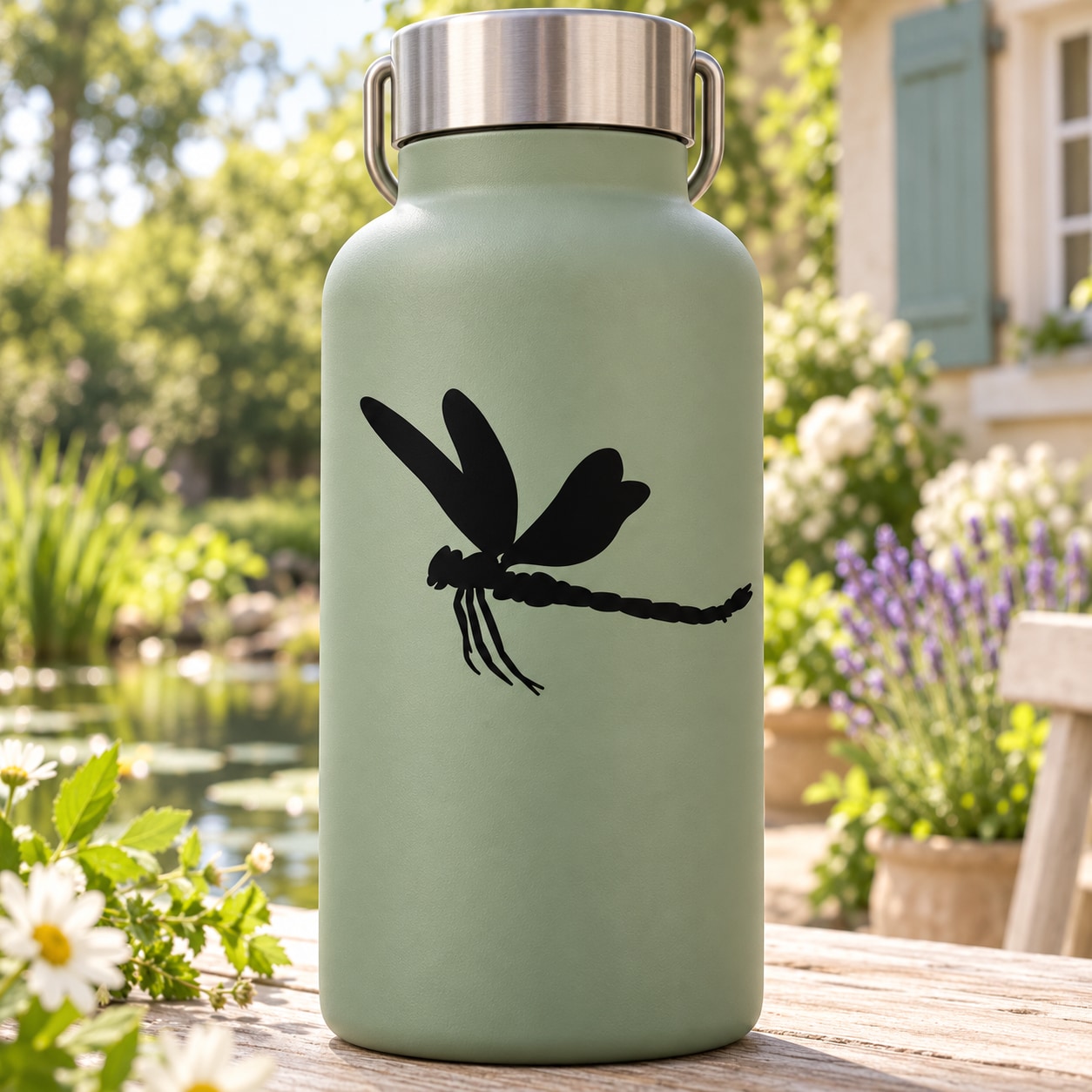 Dragonfly gliding decal: black dragonfly graphic on smooth matte surface