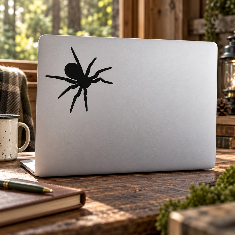 Crawling tarantula spider decal, black silhouette on light surface