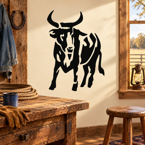 Black bull head decal with long horns and rugged western style