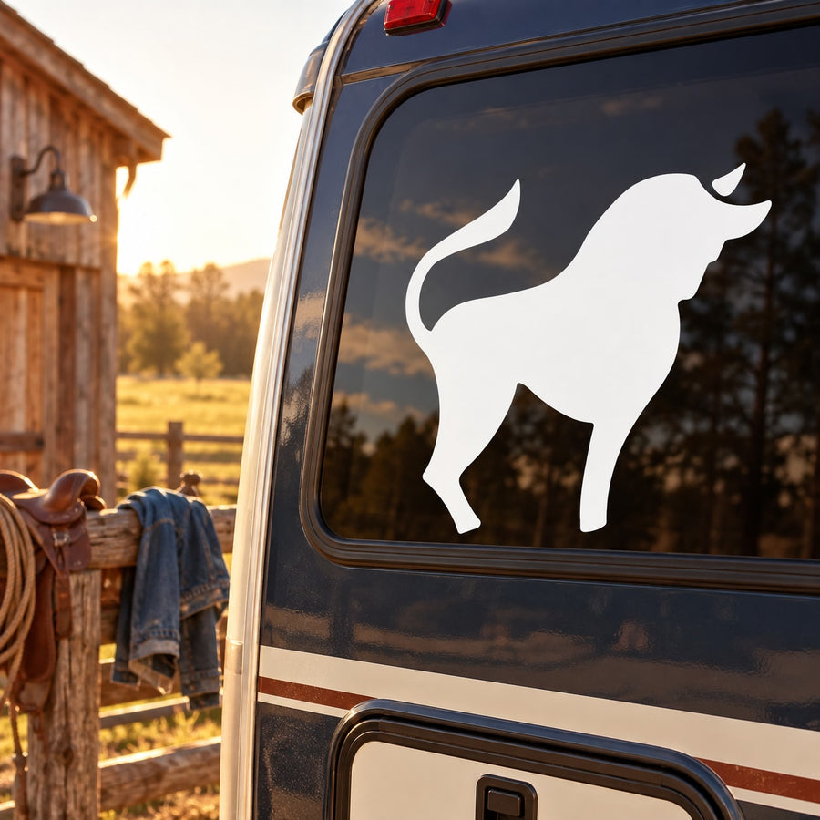 Champion bull window decal, white bull silhouette
