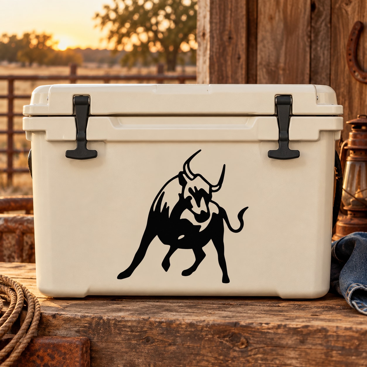 Turning bull decal with black charging bull graphic on white surface