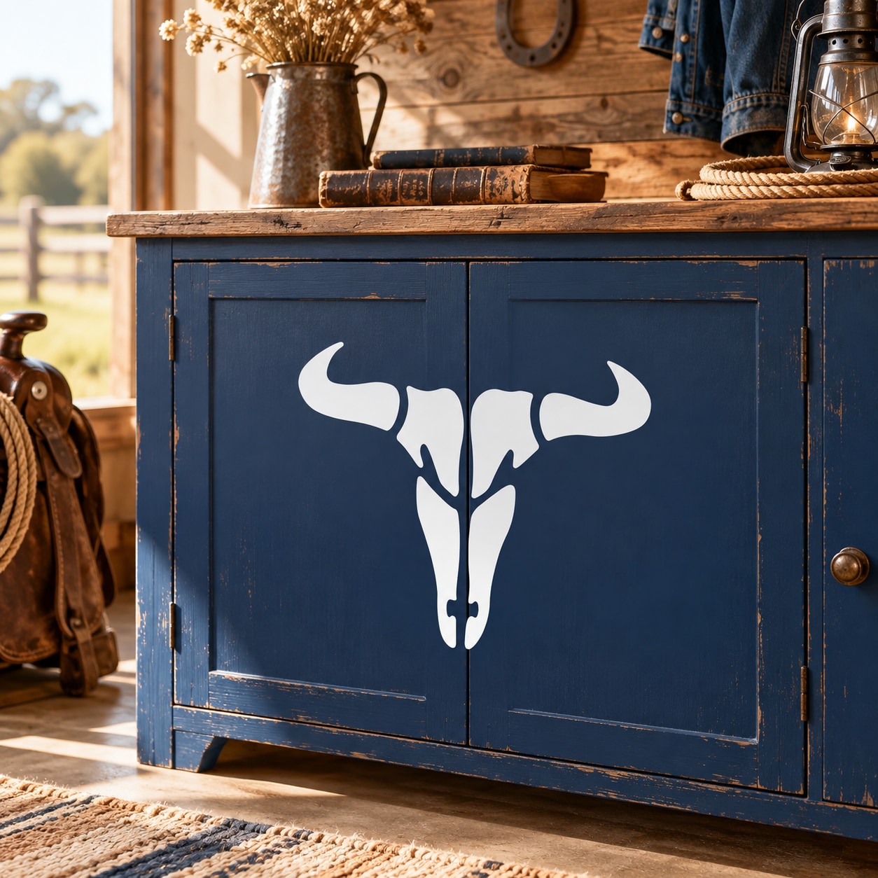 White bull skull decal with antlers on dark blue surface