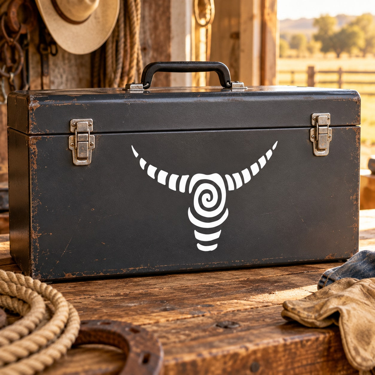 Swirl bull head decal on dark rectangular metal case with handle