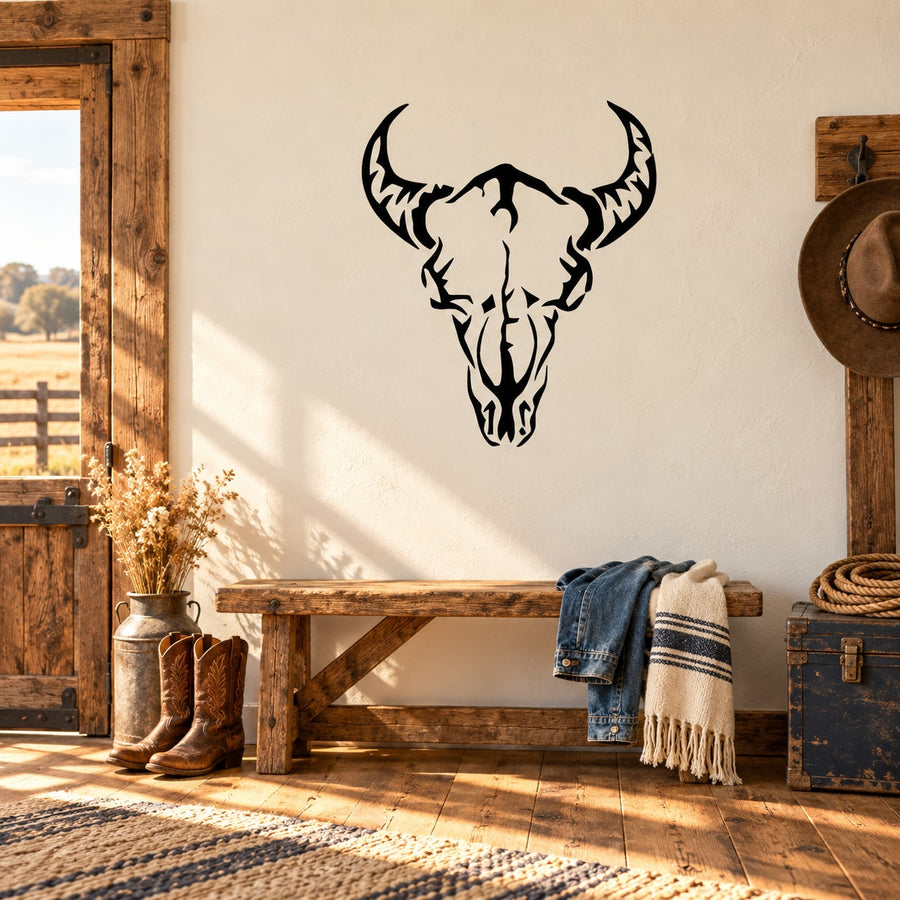 Black bull skull decal graphic with long horns on a light wall