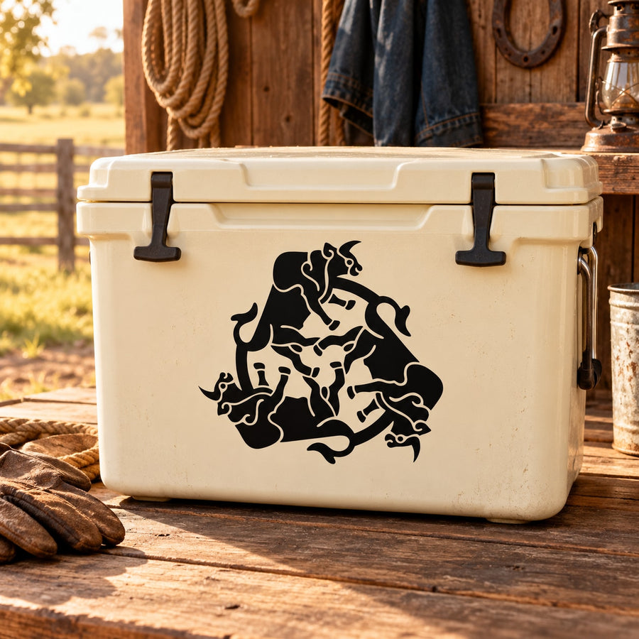 Bull decal with interlocking design on white cooler lid