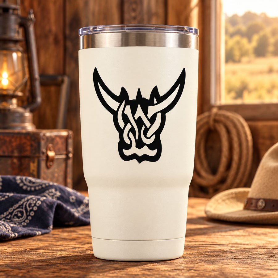 Bull head decal on white tumbler cup, black horned design
