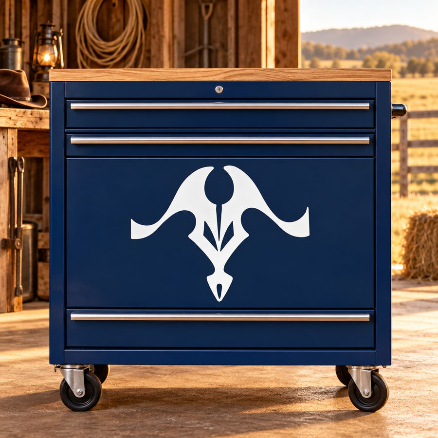 Abstract African bull decal: white bull-head graphic on dark blue.