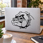 Bulldog head decal with black line art on a white laptop lid.
