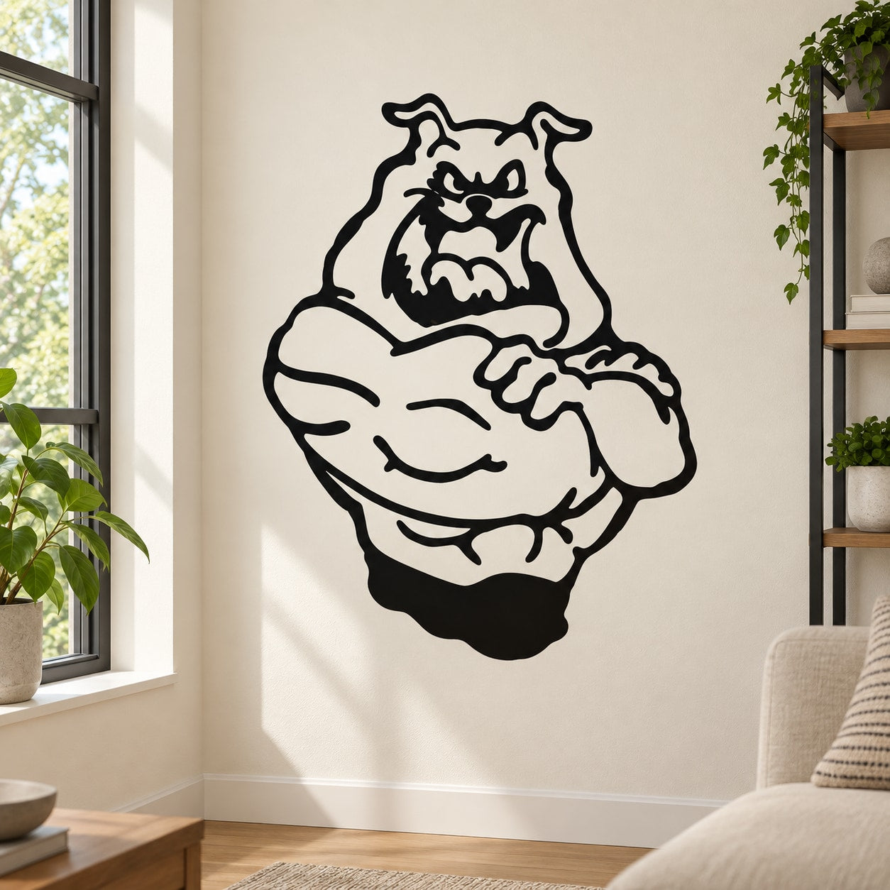 Bulldog arms-crossed wall decal, black and white bold graphic
