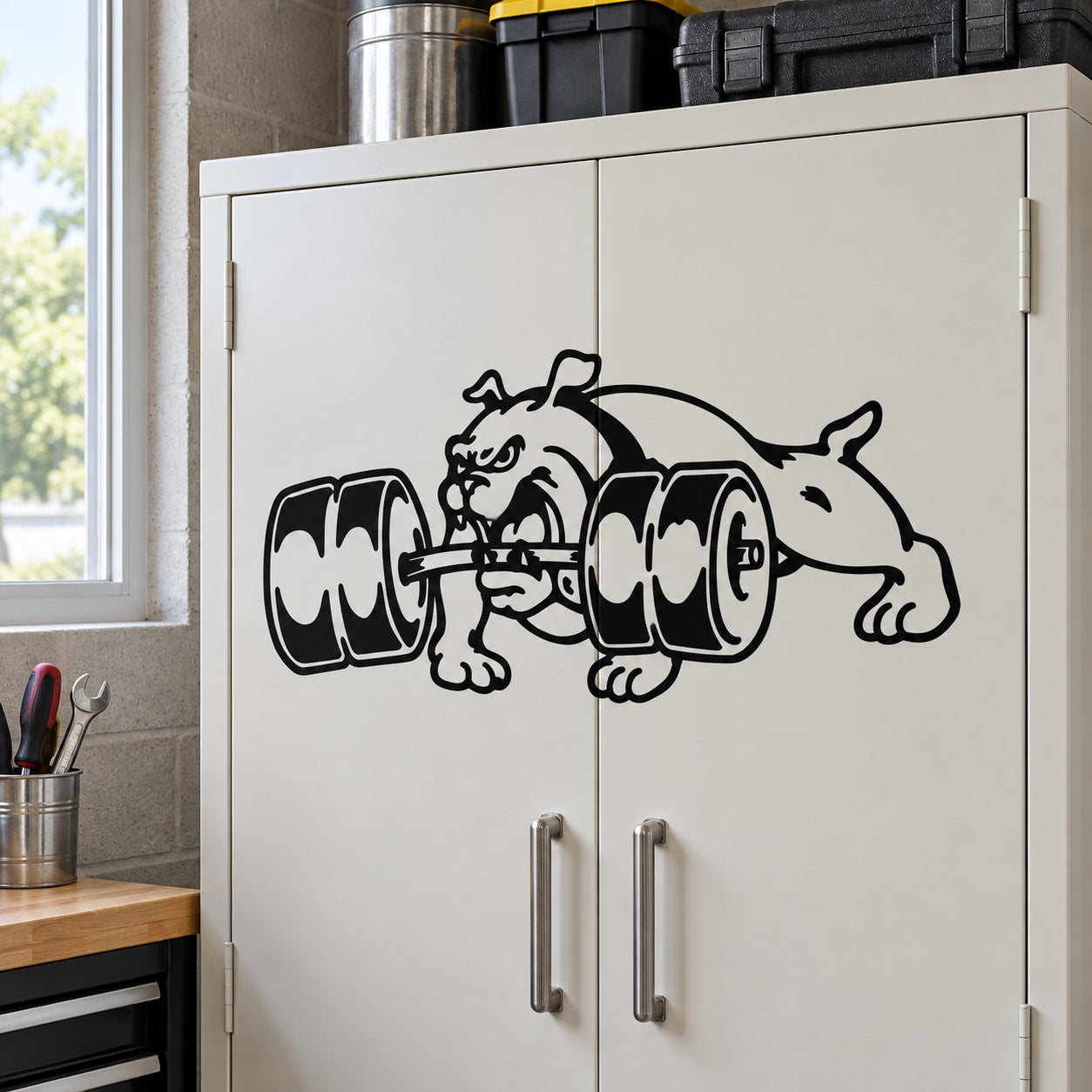 Black bulldog lifting dumbbells decal on a white cabinet door