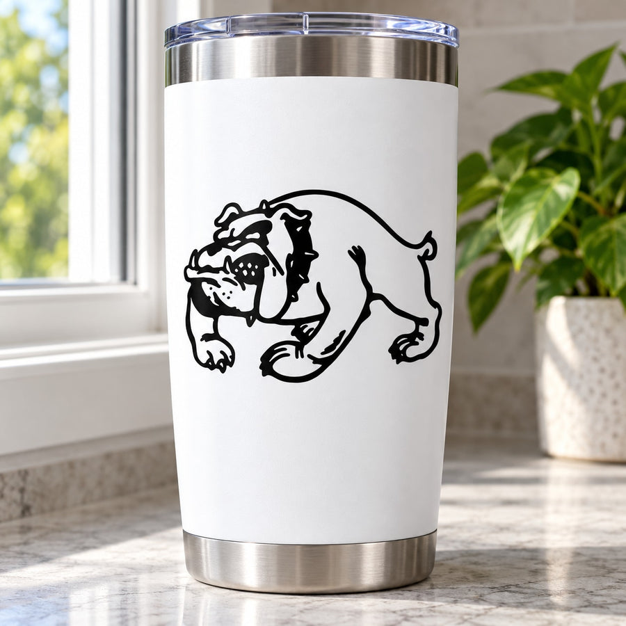 Stainless steel tumbler with black bulldog workout decal on front