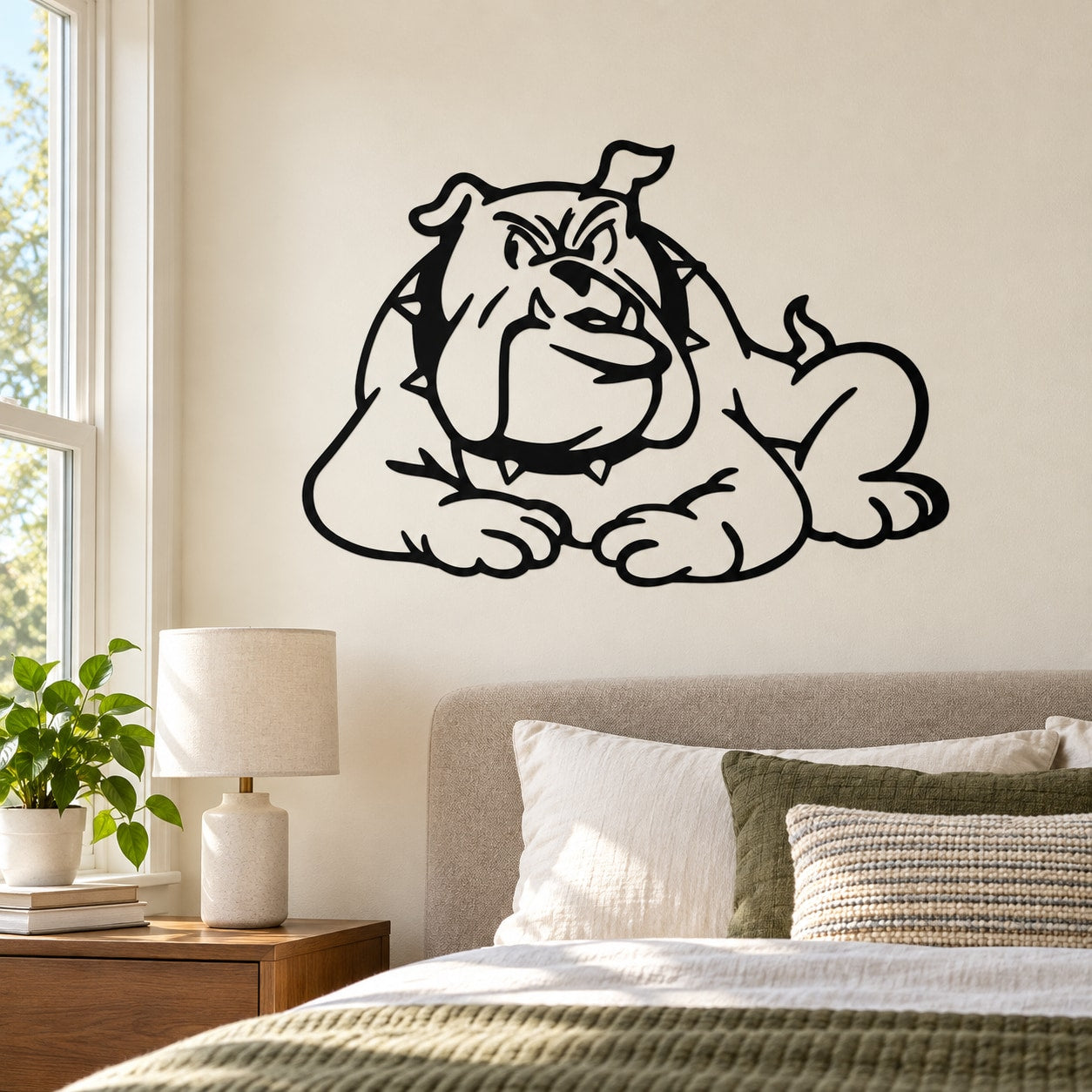 Bulldog listening wall decal, black outline dog lying pose