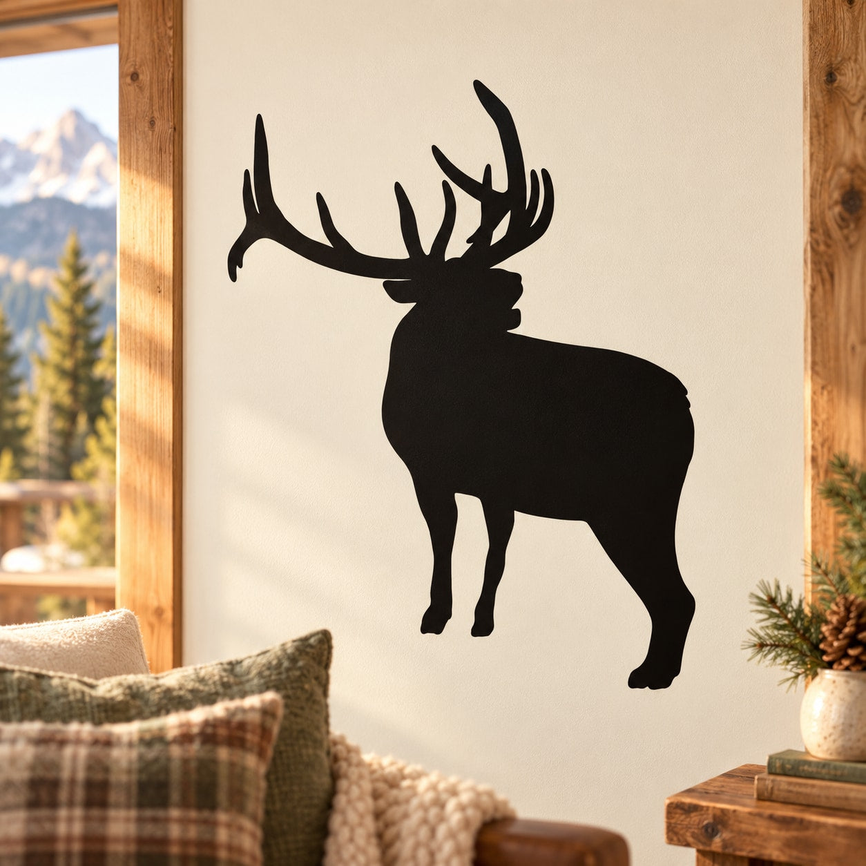 Bull elk silhouette wall decal, black standing and looking over