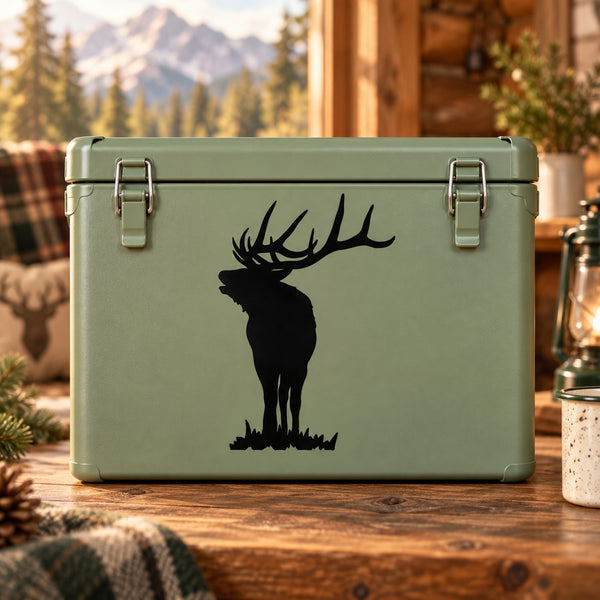 Elk decal sticker with black standing elk silhouette on olive-green surface