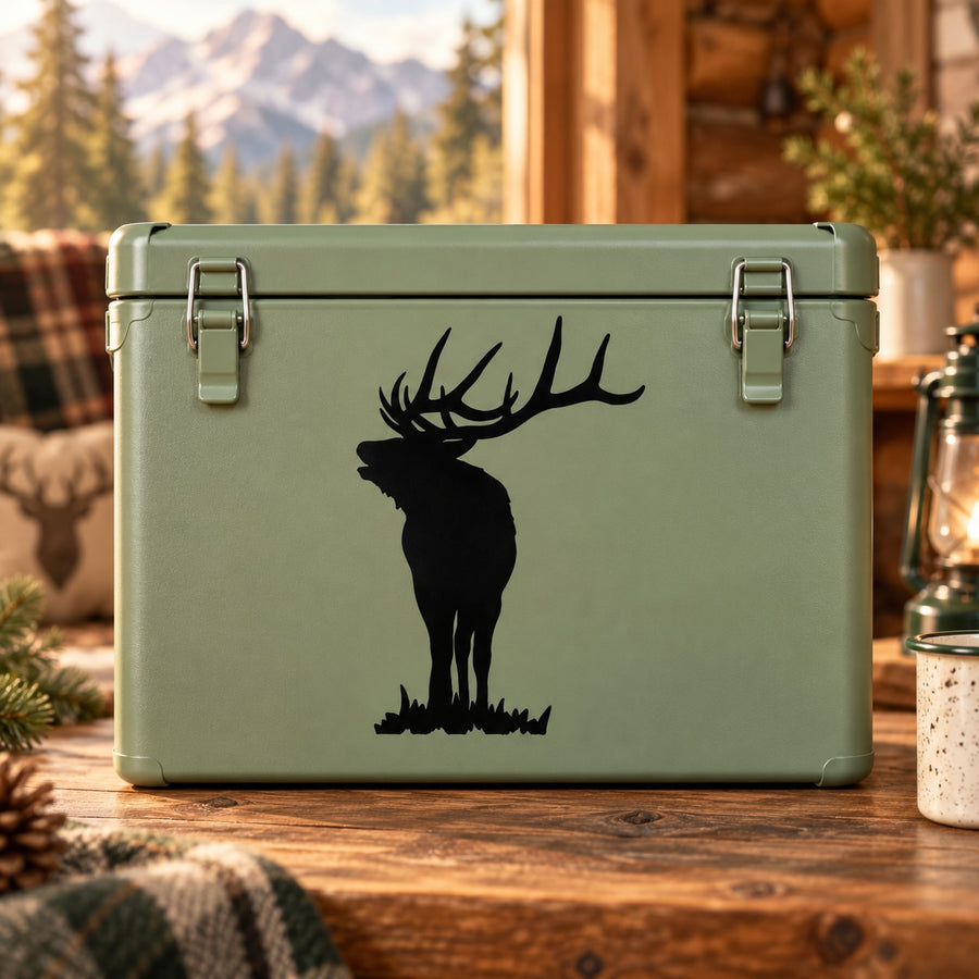 Elk decal sticker with black standing elk silhouette on olive-green surface
