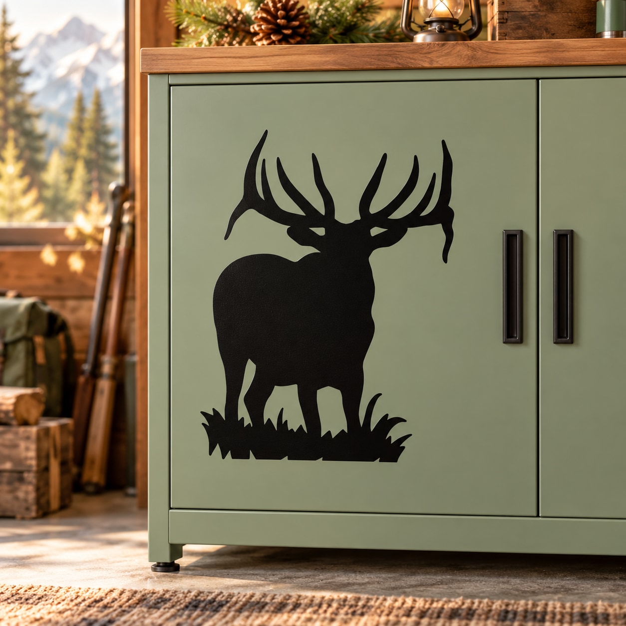 Standing bull elk silhouette decal with antlers, black on a light cabinet panel