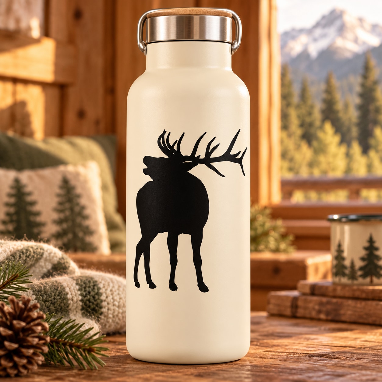 Bull elk silhouette decal, black design on a light bottle