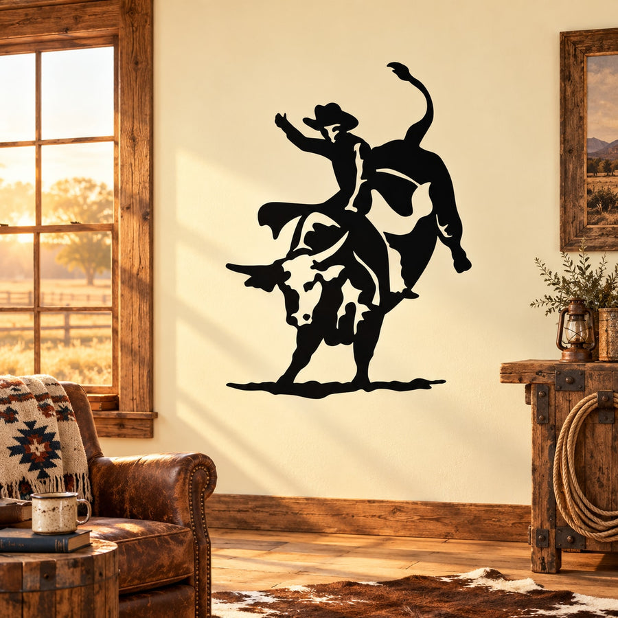 Black bull rider silhouette decal with cowboy riding a charging bull