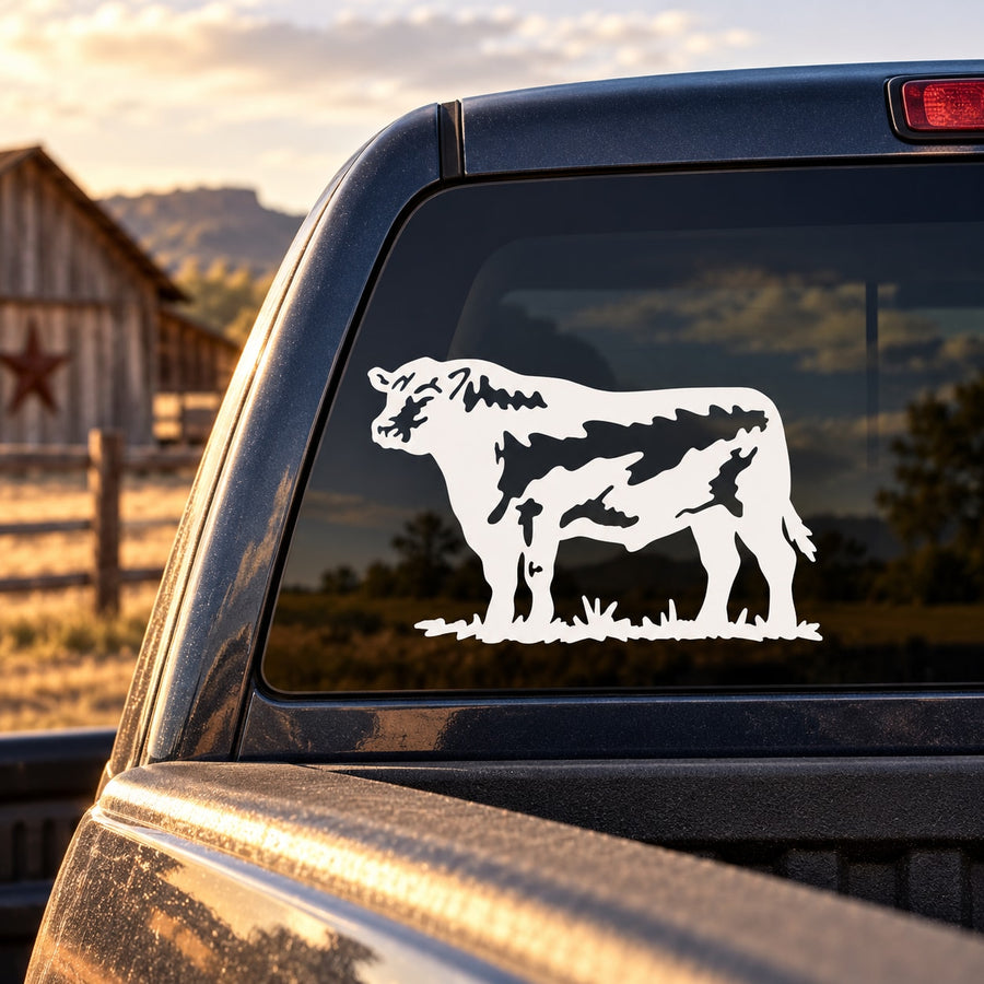 White cattle decal of cow and calves in a field silhouette