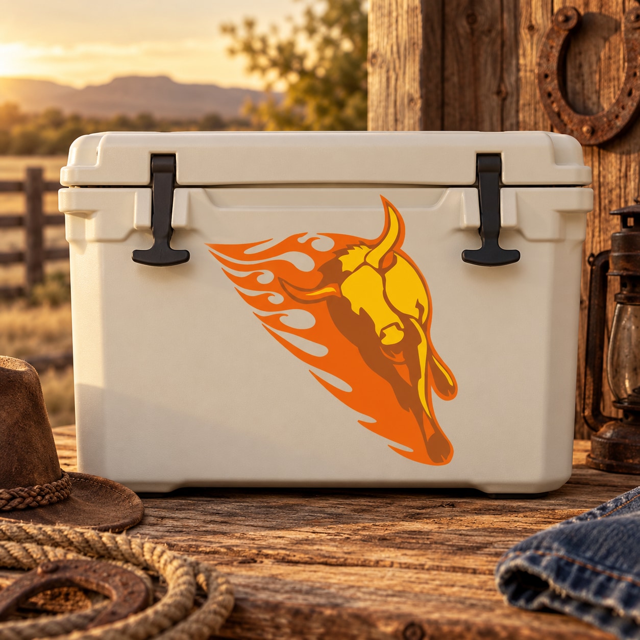 Flaming bull head sticker with orange and yellow flames on a white cooler