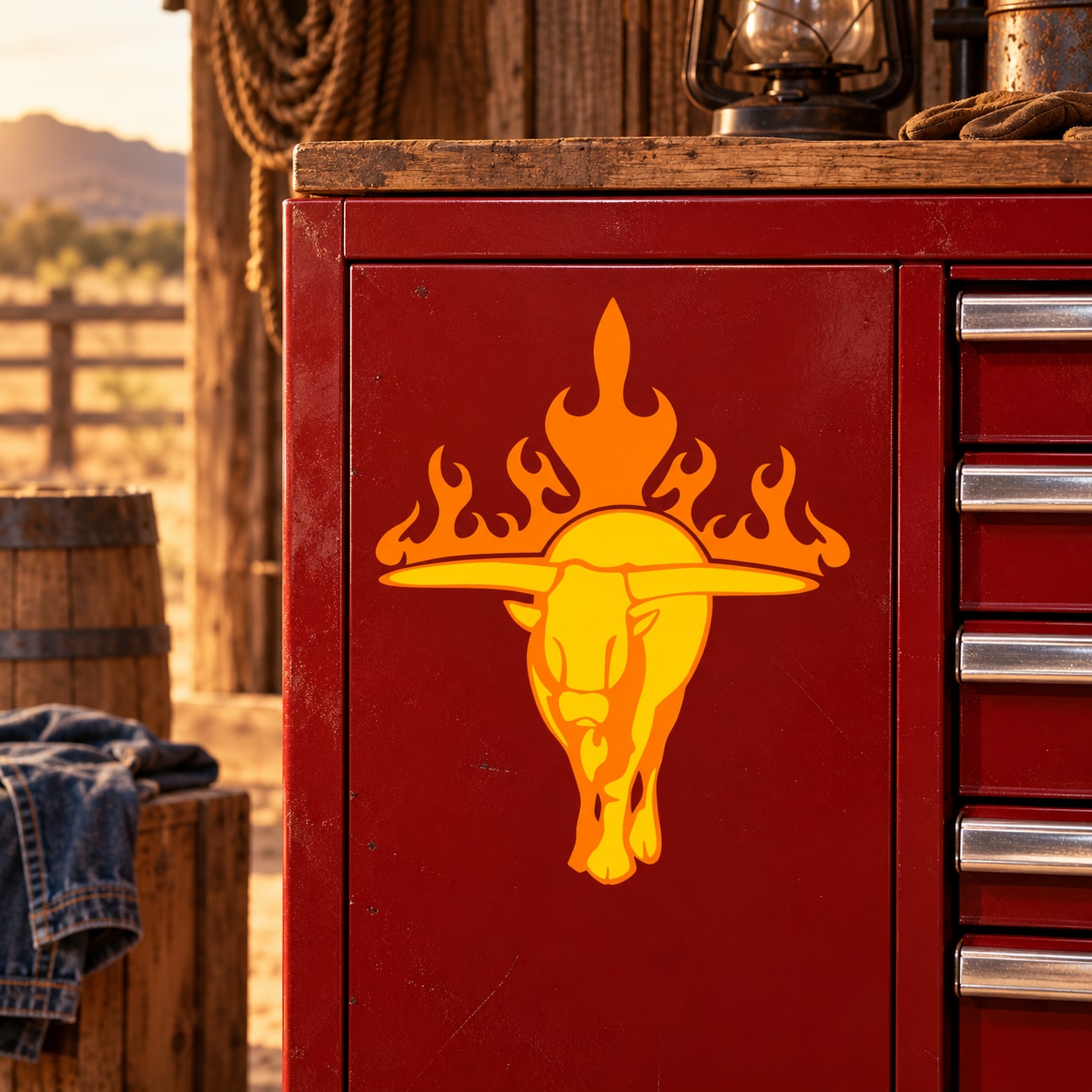 Flaming bull silhouette sticker on dark red background