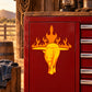 Flaming bull silhouette sticker on dark red background